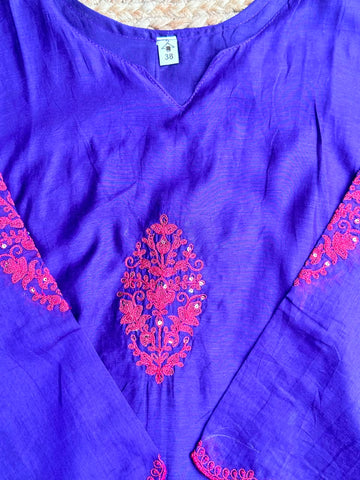 The Royal Blue Chanderi Anarkali Set 💙 – Bright Indigo Slub Silk Kurta with Coral Pink Embroidery, Scalloped Cuffs & Dupatta 3-Piece Set