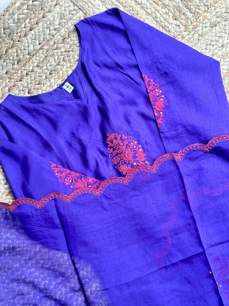 The Royal Blue Chanderi Anarkali Set 💙 – Bright Indigo Slub Silk Kurta with Coral Pink Embroidery, Scalloped Cuffs & Dupatta 3-Piece Set