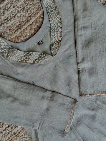 The Sage Grey Chanderi Suit Set ✨ – Sequined Round Neck Kurta, Straight Pants & Matching Dupatta 3-Piece Set