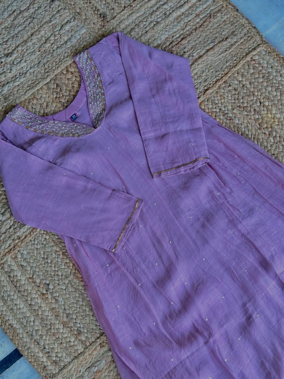 The Lavender Bloom Chanderi Suit Set 💜 – Soft Mauve Slub Silk Kurta with Sequin Neckline, Straight Pants & Dupatta 3-Piece Set