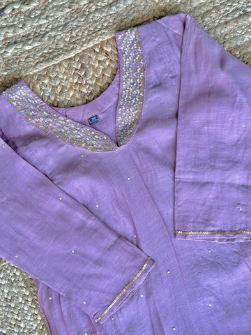 The Lavender Bloom Chanderi Suit Set 💜 – Soft Mauve Slub Silk Kurta with Sequin Neckline, Straight Pants & Dupatta 3-Piece Set