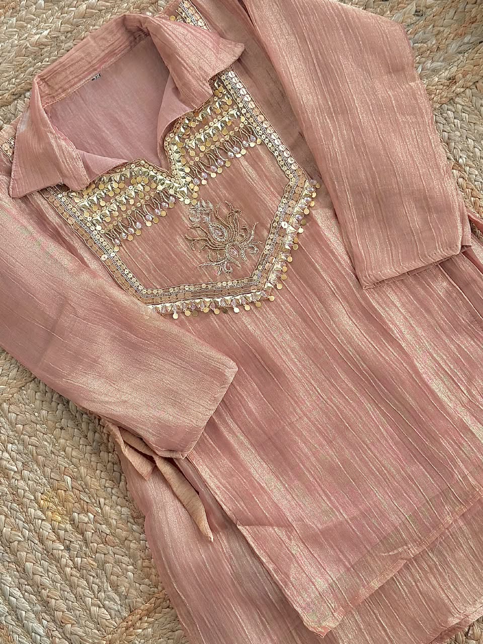 The Rose Dust Tissue Silk Co-Ord Set ✨ – Dusty Pink Shirt-Style Kurti with Heavily Embellished Mirror & Sequin Yoke with Side Tie-Ups
