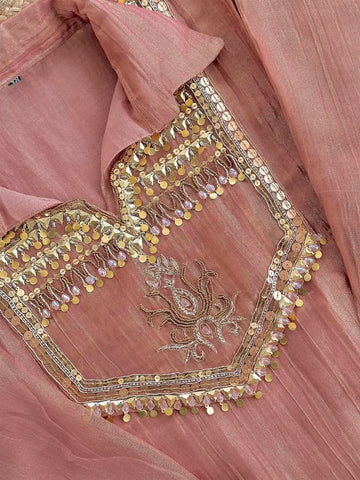 The Rose Dust Tissue Silk Co-Ord Set ✨ – Dusty Pink Shirt-Style Kurti with Heavily Embellished Mirror & Sequin Yoke with Side Tie-Ups