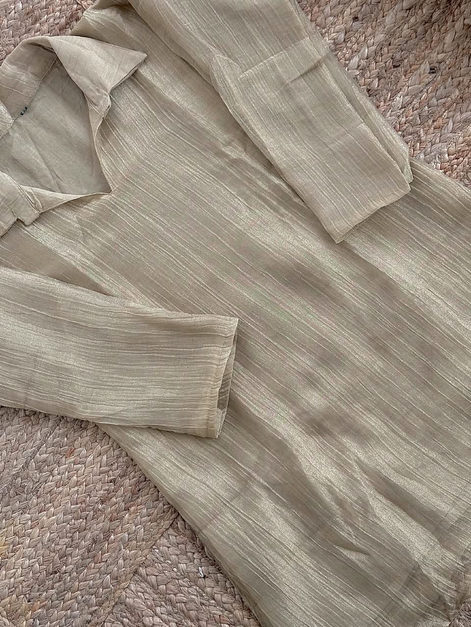 The Golden Sand Tissue Silk Co-Ord Set ✨ – Metallic Beige Shirt-Style Short Kurti with Embellished Sequin Yoke & Side Tie-Ups