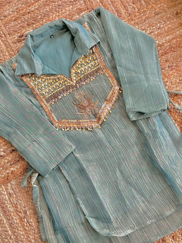 The Sea Green Tissue Silk Co-Ord Set ✨ – Light Aqua Green Shirt-Style Short Kurti with Embellished Sequin Yoke & Side Tie-Ups