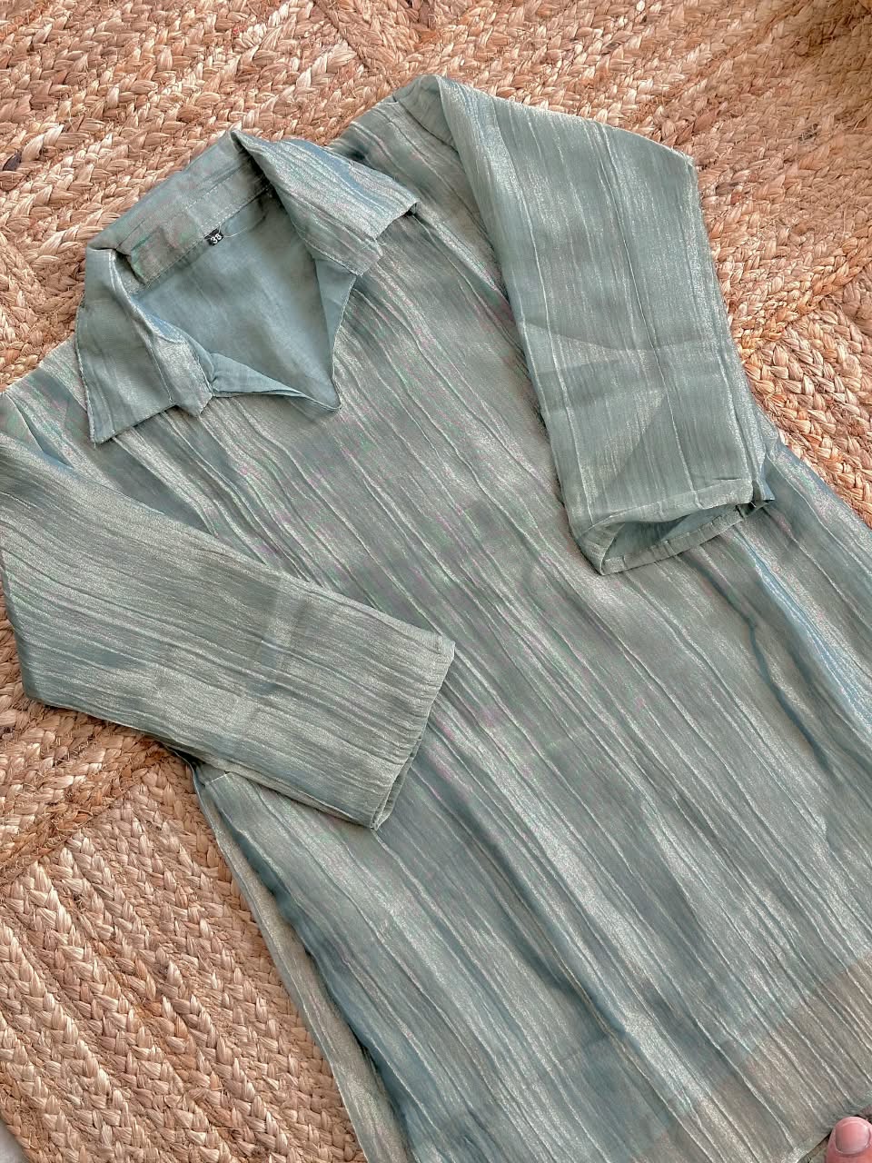 The Sea Green Tissue Silk Co-Ord Set ✨ – Light Aqua Green Shirt-Style Short Kurti with Embellished Sequin Yoke & Side Tie-Ups