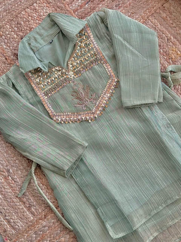 The Olive Mist Tissue Silk Co-Ord Set ✨ – Light Olive Sage Green Collar Kurti with Embellished Sequin Yoke & Side Tie-Ups