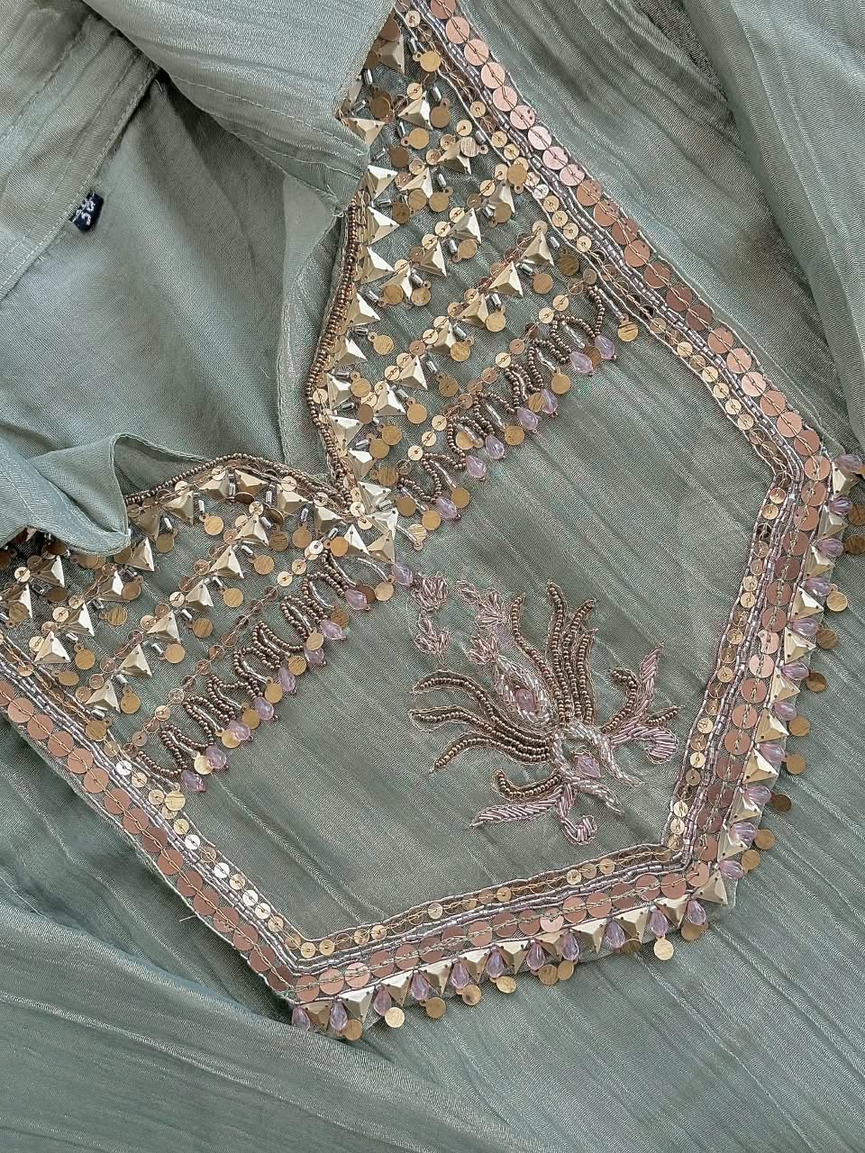 The Olive Mist Tissue Silk Co-Ord Set ✨ – Light Olive Sage Green Collar Kurti with Embellished Sequin Yoke & Side Tie-Ups