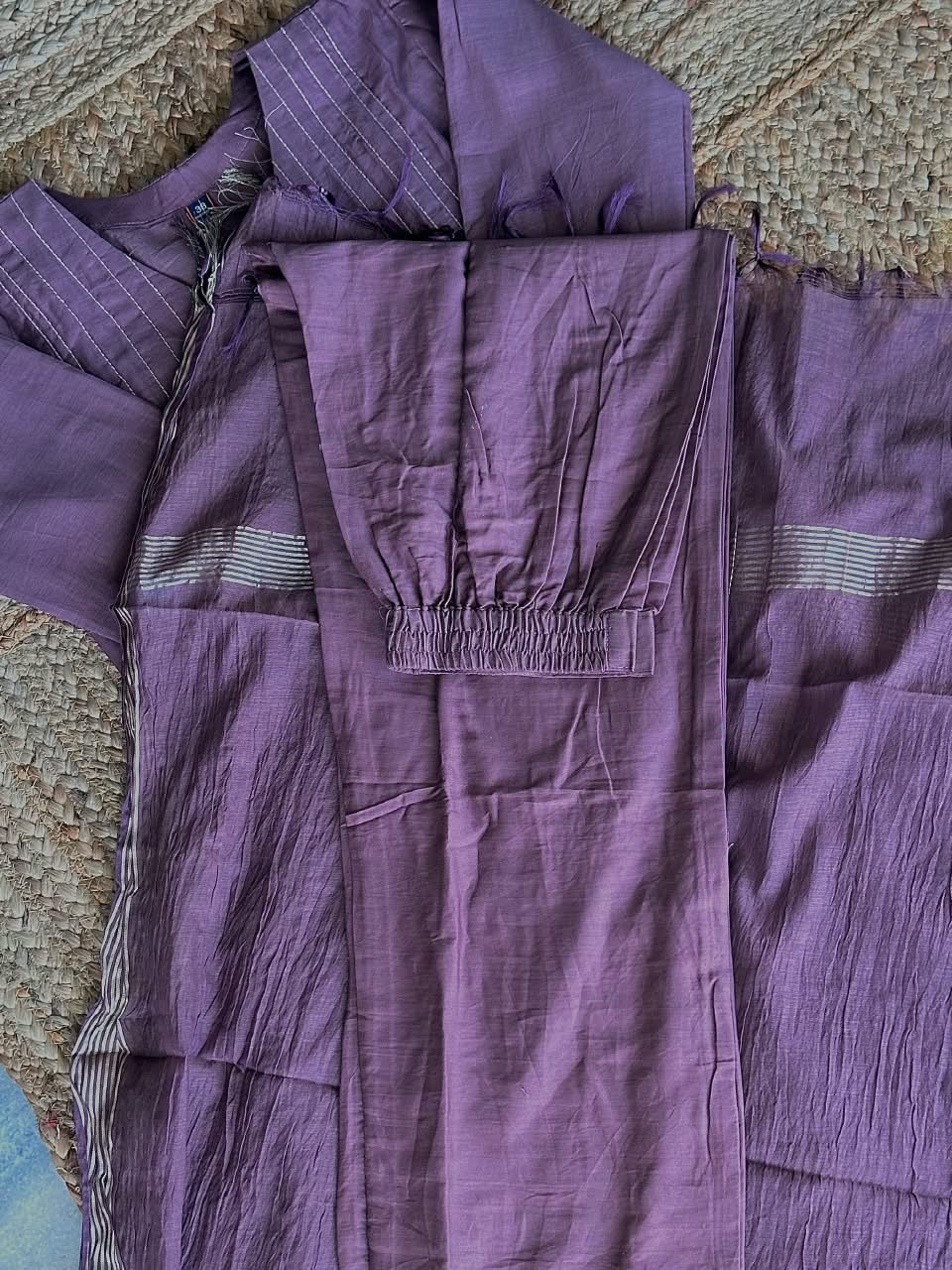 The Mauve Mulberry Cotton Silk Anarkali Suit Set 💜 – Pintuck V-Neck Flared Kurta with Pants & Tissue Dupatta