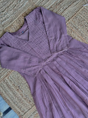 The Mauve Mulberry Cotton Silk Anarkali Suit Set 💜 – Pintuck V-Neck Flared Kurta with Pants & Tissue Dupatta