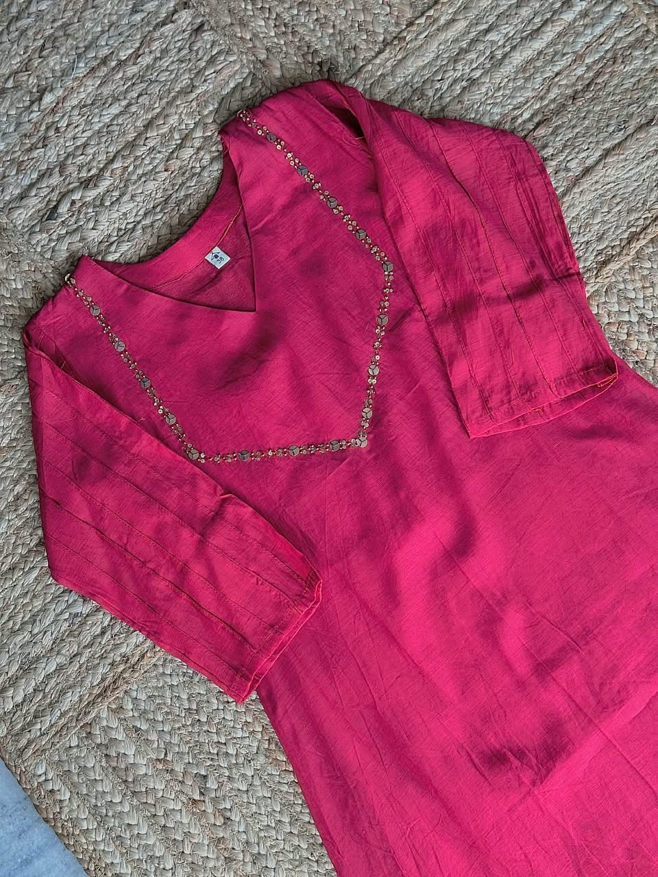 The Ruby Red Embroidered Cotton Silk Anarkali Suit Set ❤️ – Fine V-Neck Work, Pintuck Sleeves & Lace Dupatta