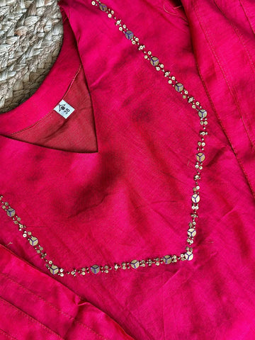 The Ruby Red Embroidered Cotton Silk Anarkali Suit Set ❤️ – Fine V-Neck Work, Pintuck Sleeves & Lace Dupatta