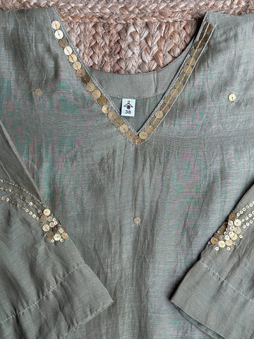 The Sage Green Tissue Silk Suit Set ✨ – V-Neck Sequin Border Kurta with Sleeve Motifs, Pants & Dupatta