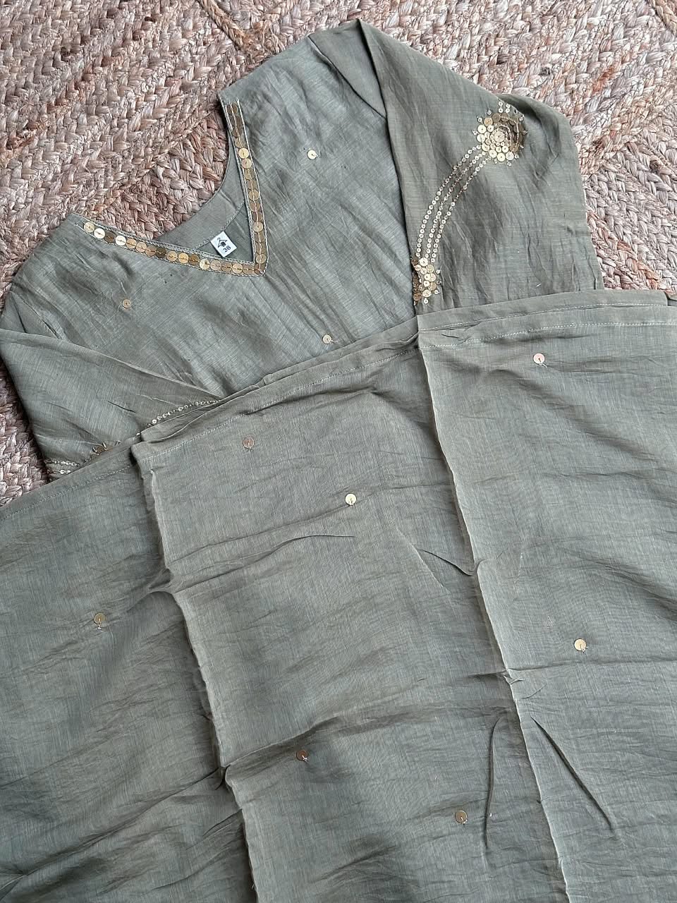 The Sage Green Tissue Silk Suit Set ✨ – V-Neck Sequin Border Kurta with Sleeve Motifs, Pants & Dupatta