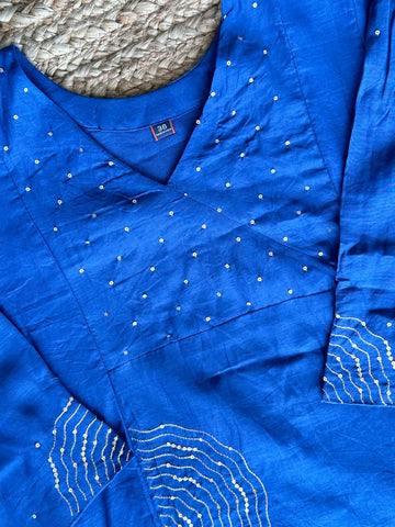 The Electric Blue Sequined Tissue Silk Set 💙 – Handcrafted Angrakha Kurti, Matching Trousers & Motif Dupatta
