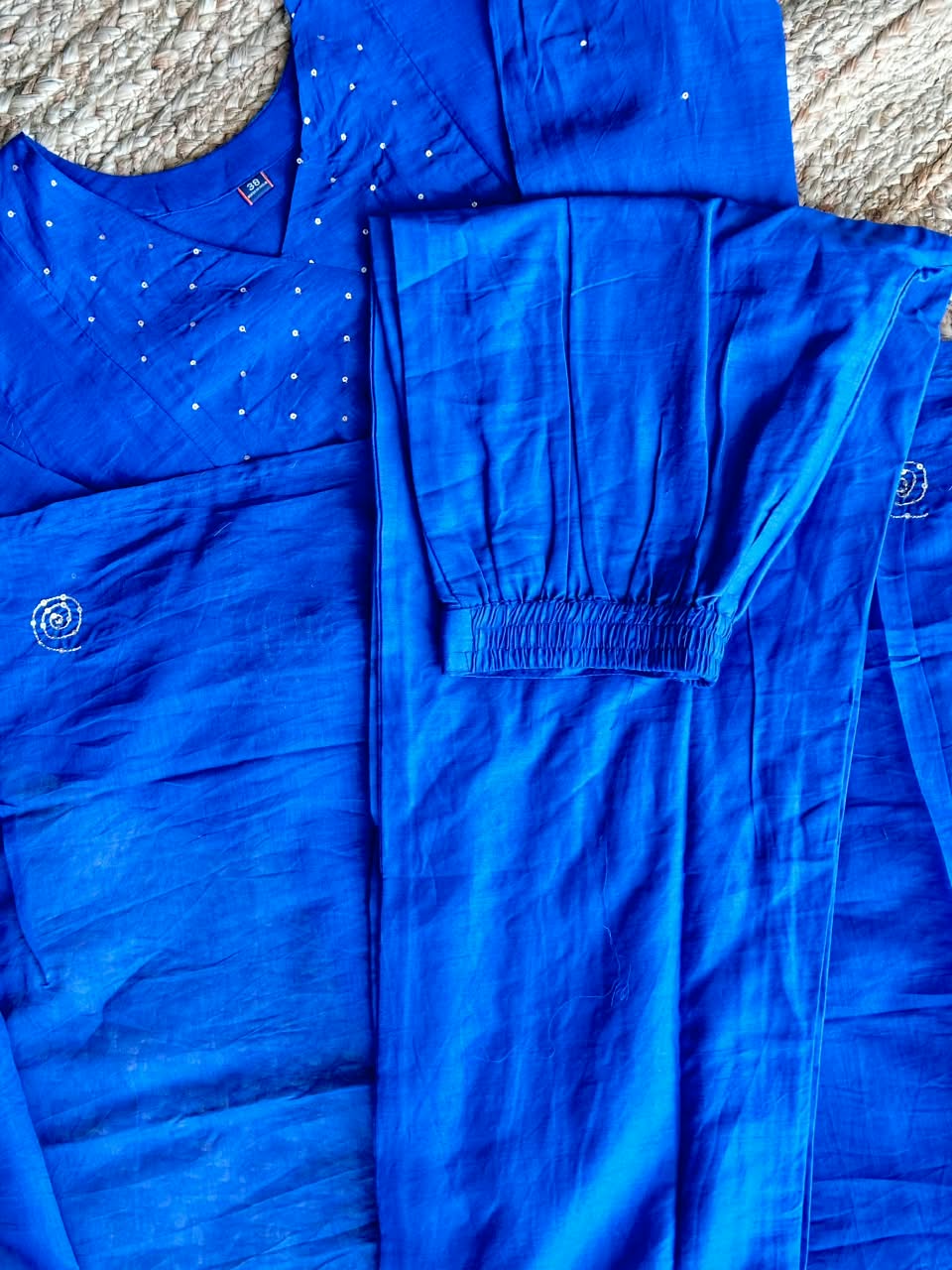 The Electric Blue Sequined Tissue Silk Set 💙 – Handcrafted Angrakha Kurti, Matching Trousers & Motif Dupatta