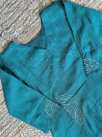 The Peacock Teal Sequined Tissue Silk Set 🦚 – Handcrafted Angrakha Kurti, Straight Trousers & Motif Dupatta