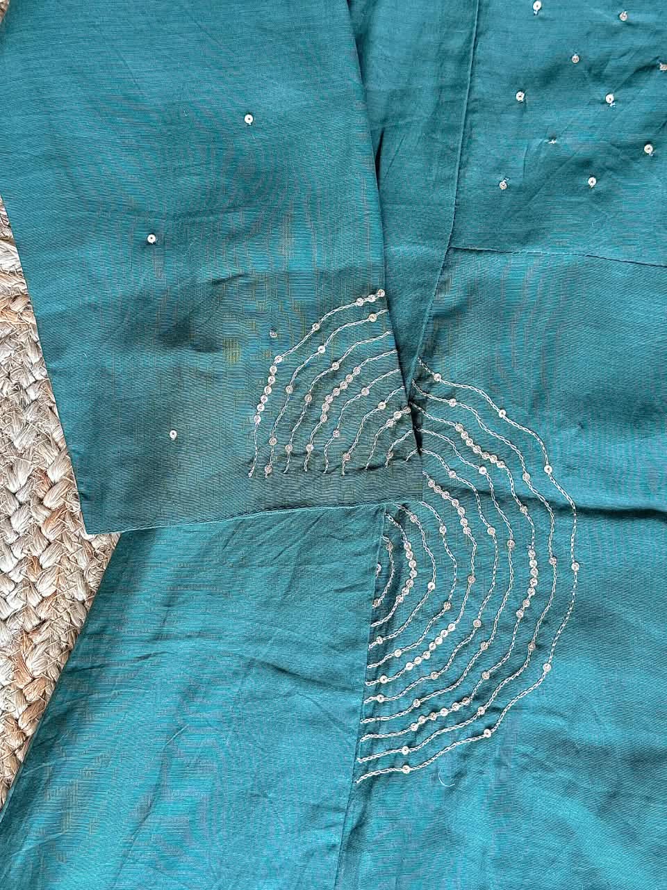 The Peacock Teal Sequined Tissue Silk Set 🦚 – Handcrafted Angrakha Kurti, Straight Trousers & Motif Dupatta