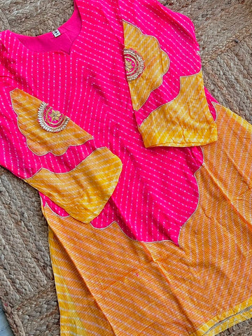 The Rani Pink & Mustard Leheriya Suit Set 💖 – Bandhani-Print Kurta with Scallop Cutwork, Gotapatti Embroidery, Pants & Dupatta