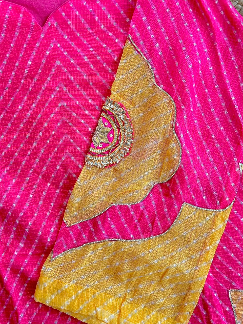The Rani Pink & Mustard Leheriya Suit Set 💖 – Bandhani-Print Kurta with Scallop Cutwork, Gotapatti Embroidery, Pants & Dupatta