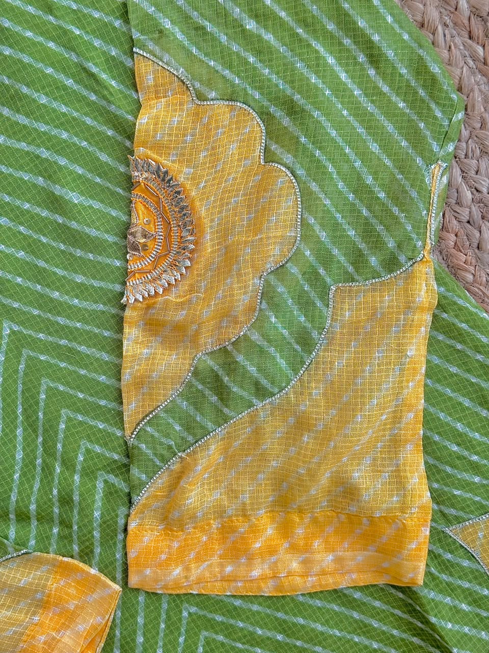 The Sage Green & Yellow Leheriya Suit Set 🌿 – Bandhani-Print Kurta with Scallop Cutwork, Gotapatti Embroidery, Pants & Dupatta