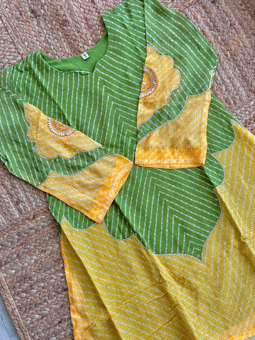 The Sage Green & Yellow Leheriya Suit Set 🌿 – Bandhani-Print Kurta with Scallop Cutwork, Gotapatti Embroidery, Pants & Dupatta