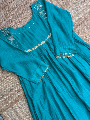 The Teal Blue Gathered Anarkali Suit Set ✨ – Handcrafted Kantha & Sequin Work Kurta, Trousers & Dupatta