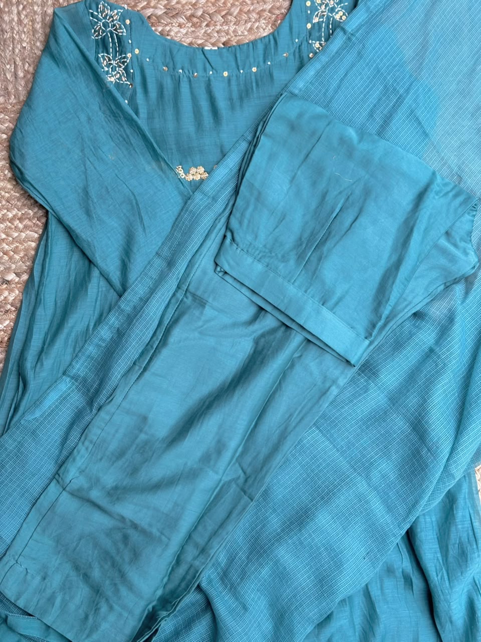 The Teal Blue Gathered Anarkali Suit Set ✨ – Handcrafted Kantha & Sequin Work Kurta, Trousers & Dupatta