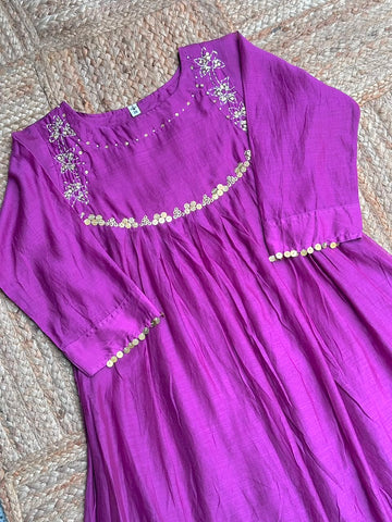 The Royal Purple Gathered Anarkali Suit Set - Handcrafted Kantha & Sequin Work Kurta, Trousers & Dupatta