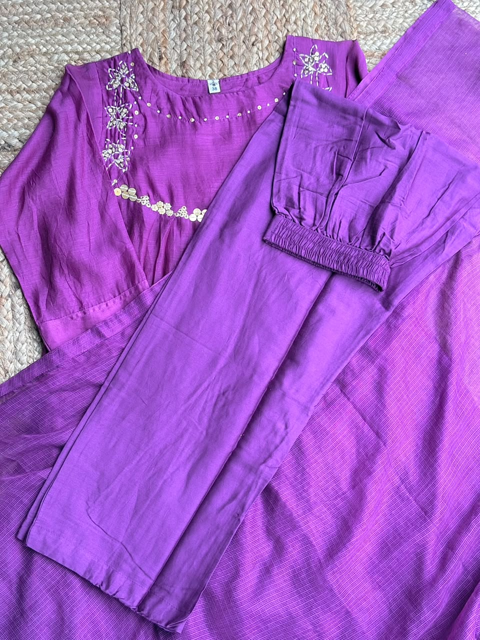 The Royal Purple Gathered Anarkali Suit Set - Handcrafted Kantha & Sequin Work Kurta, Trousers & Dupatta