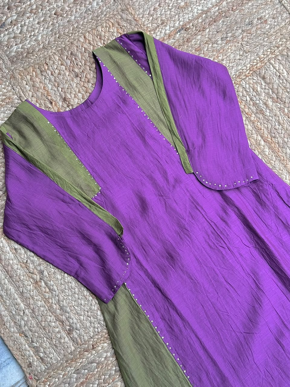 The Purple & Olive Green Panel Suit Set - Contrast Yoke Kurta with Sequin Highlights, Trousers & Dupatta