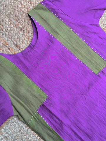 The Purple & Olive Green Panel Suit Set - Contrast Yoke Kurta with Sequin Highlights, Trousers & Dupatta