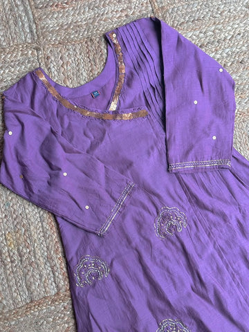 The Mauve Purple Tissue Silk Suit Set - Pleated V-Neck Flared Kurti, Straight Pants & Matching Dupatta