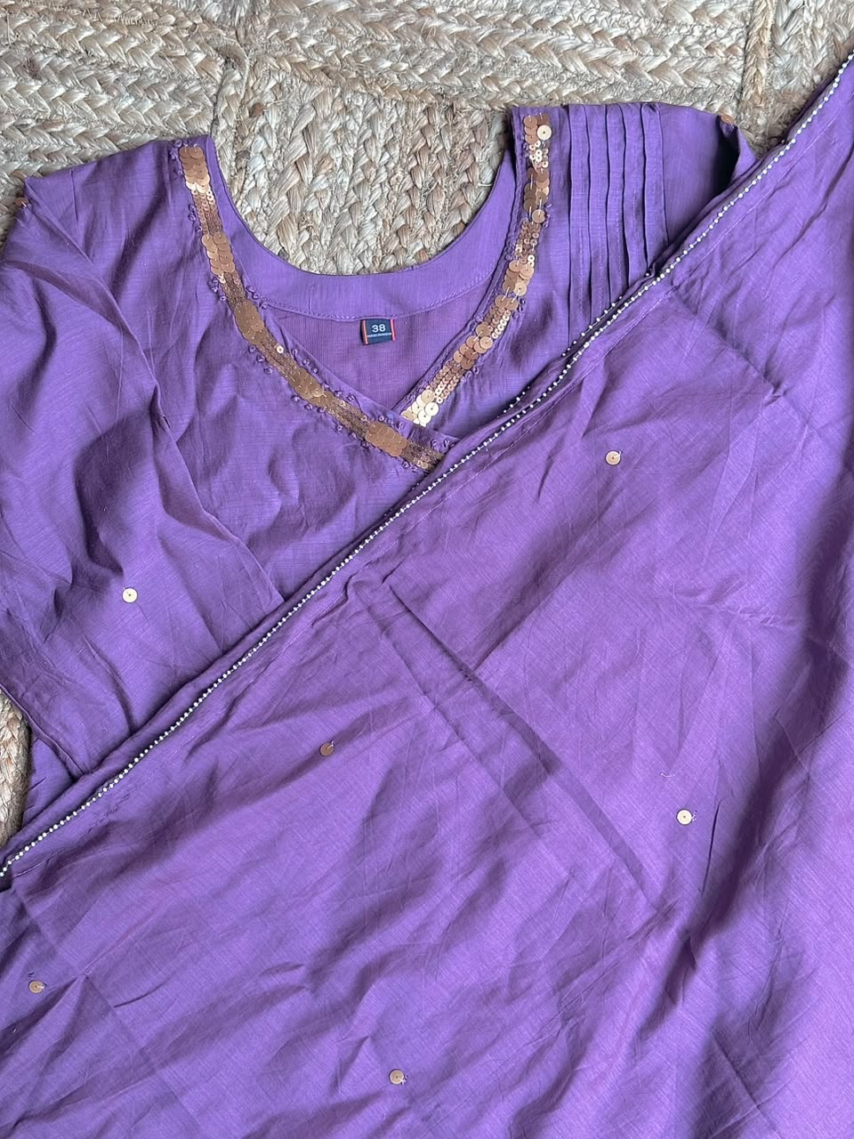 The Mauve Purple Tissue Silk Suit Set - Pleated V-Neck Flared Kurti, Straight Pants & Matching Dupatta