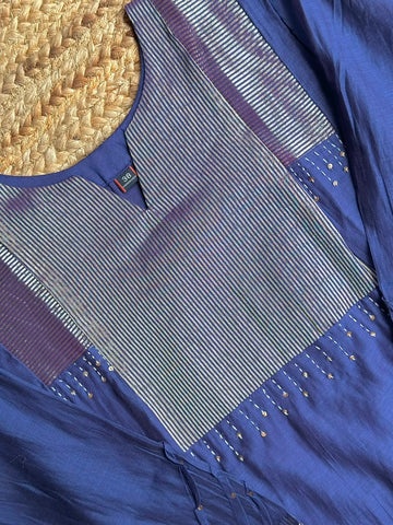 The Royal Blue Tissue Silk Suit Set - Silver Striped Embellished Yoke Kurti, Straight Pants & Matching Dupatta