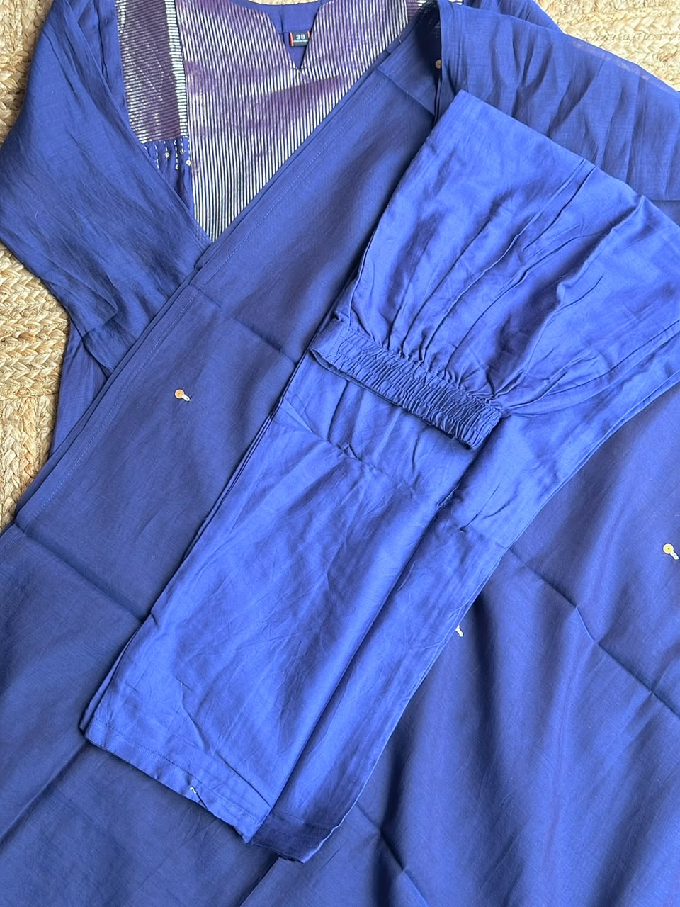 The Royal Blue Tissue Silk Suit Set - Silver Striped Embellished Yoke Kurti, Straight Pants & Matching Dupatta