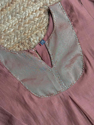 The Soft Mocha Brown Striped Yoke Suit Set ✨ – Zari Striped Round Yoke Kurta, Trousers & Dupatta