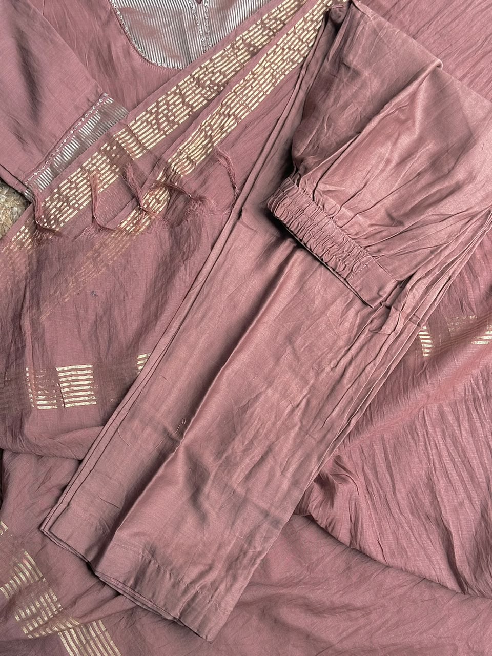 The Soft Mocha Brown Striped Yoke Suit Set ✨ – Zari Striped Round Yoke Kurta, Trousers & Dupatta