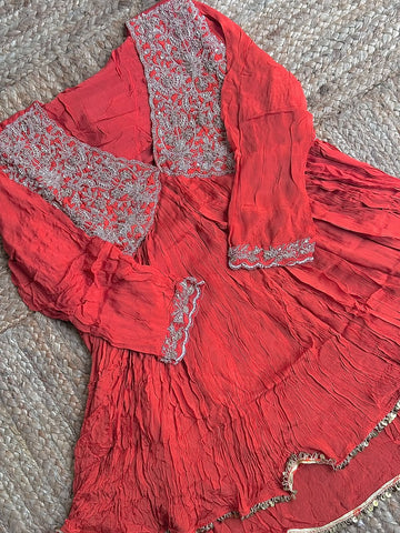The Rust Red Crushed Georgette Anarkali Set ❤️ – Heavy Embroidered Yoke Short Anarkali & Bottom (2-Piece Set)