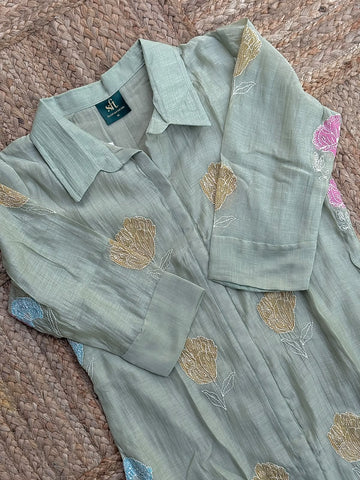 Soothing Sage Green Floral Embroidered Collared Co-ord Set 🌿 – Button-Down Tunic & Matching Trousers
