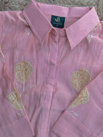 Soft Blush Pink Floral Embroidered Collared Co-ord Set 🌸 – Button-Down Tunic & Matching Trousers