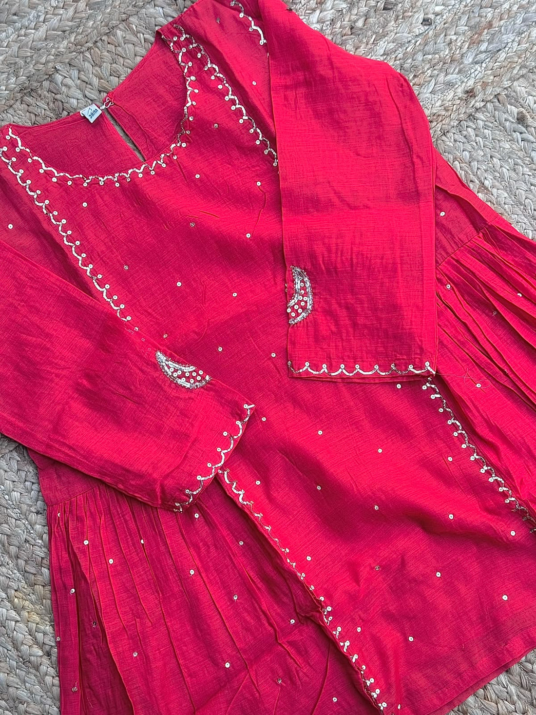Vibrant Red Mul Chanderi Festive Co-ord Set ❤️ – Embroidered Flared Tunic with Booti Details & Straight Trousers