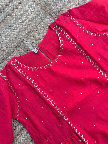 Vibrant Red Mul Chanderi Festive Co-ord Set ❤️ – Embroidered Flared Tunic with Booti Details & Straight Trousers