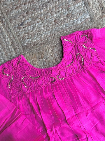 Vibrant Hot Pink Embroidered Yoke Flared Kurta Set 💖 – Sequin & Cord Detailed Short Anarkali Kurti & Trousers