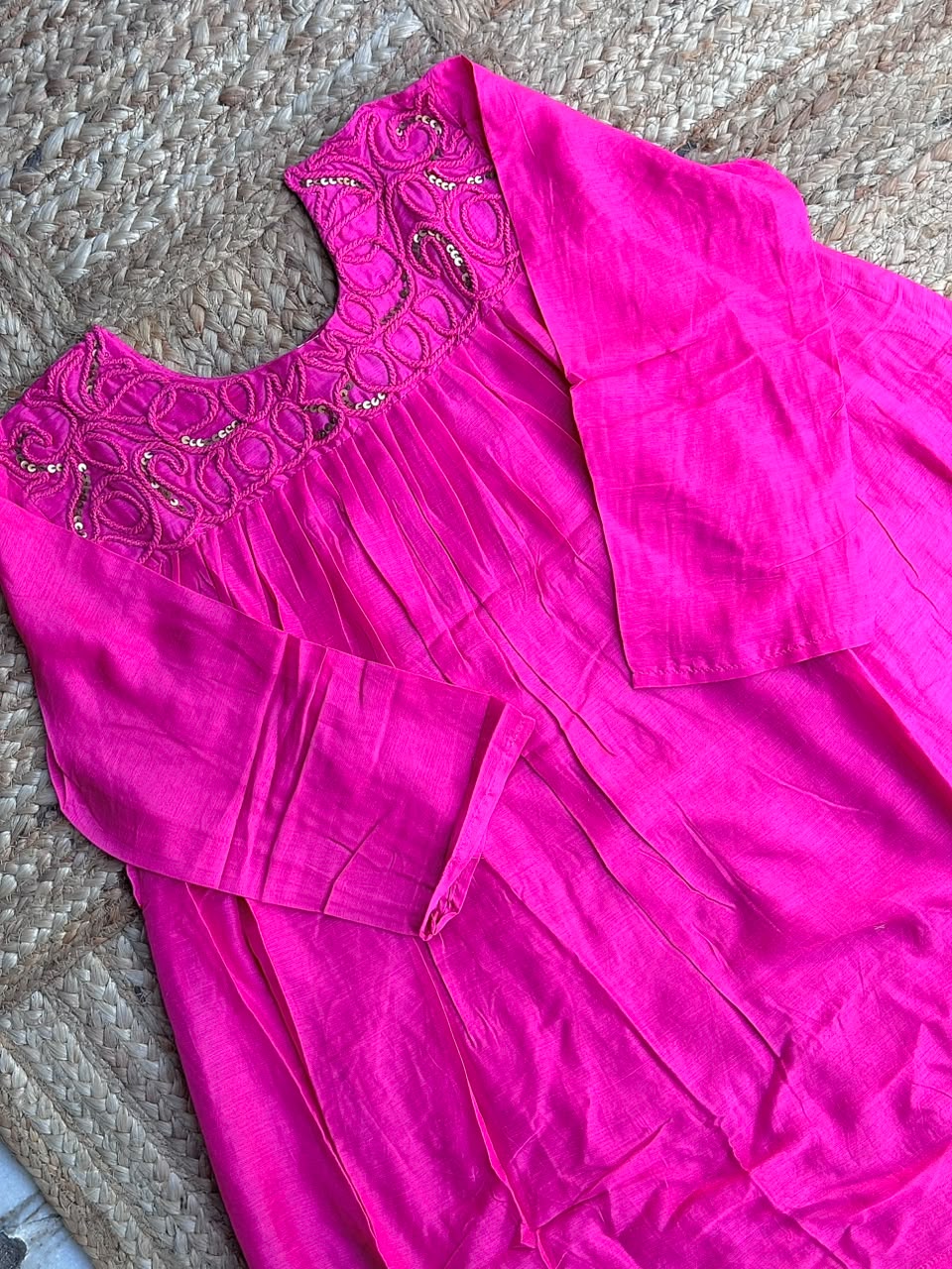 Vibrant Hot Pink Embroidered Yoke Flared Kurta Set 💖 – Sequin & Cord Detailed Short Anarkali Kurti & Trousers