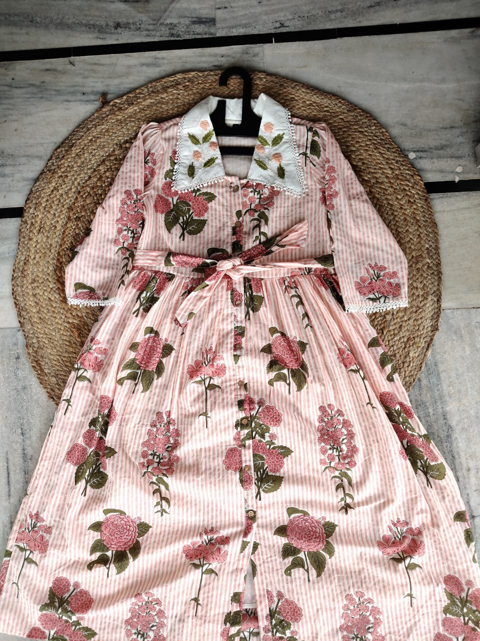 Blush Mist Doriya | Baby Pink All-Over Thread Work Kota Doriya One-Piece Dress