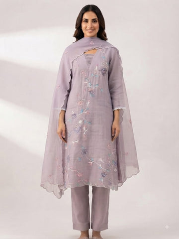 Lavender Reverie | Lavender Hand Embroidered Chanderi Suit Set with Scalloped Organza Dupatta