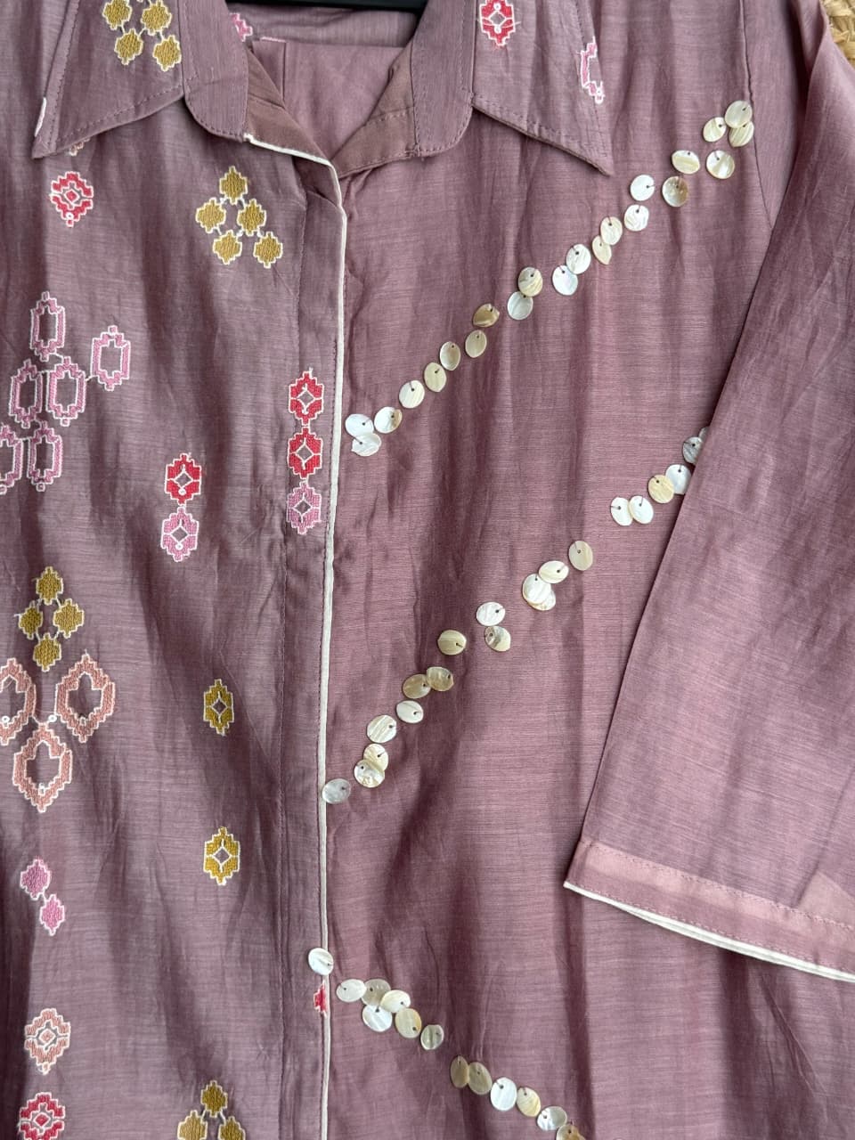 Dusty Lavender Geometric Printed Co-Ord Set - Shell-Embellished Tunic & Trousers ✨