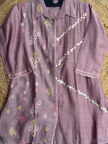 Dusty Lavender Geometric Printed Co-Ord Set - Shell-Embellished Tunic & Trousers ✨