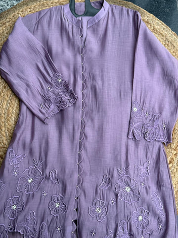 Soft Lavender Cutwork Embroidered Co-Ord Set - Butterfly Floral Kurti & Pants ✨🦋